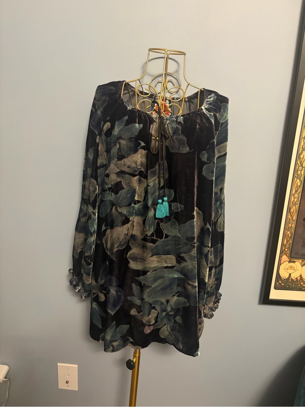 Floral Velvet Peasant Dress in Dark Green and Black